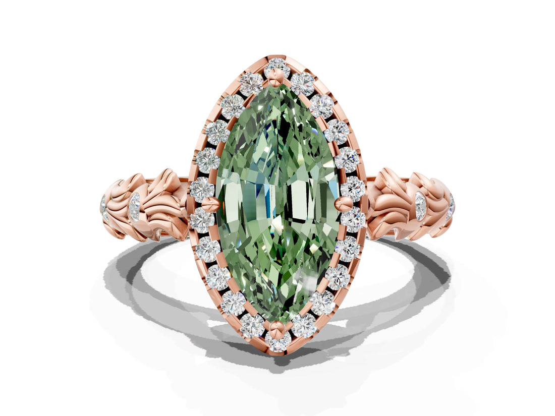 Rose gold Fancy Green Marquise Cut Halo Diamond Solitaire with Filigree Band and Four-Prong Setting
