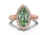 Rose gold Fancy Green Marquise Cut Halo Diamond Solitaire with Filigree Band and Four-Prong Setting