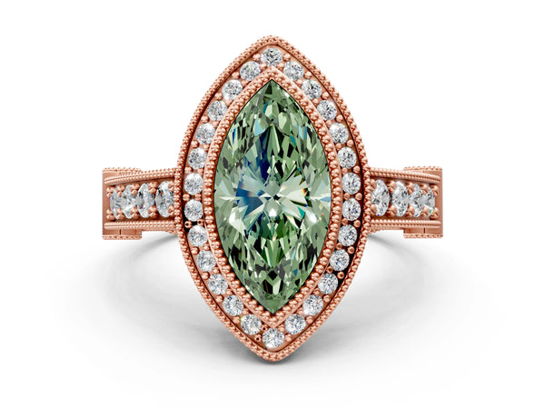 Rose Gold Marquise Vintage Bezel Halo Engagement Ring Setting for Fancy Green Center