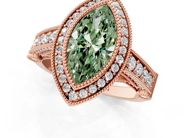 Rose Gold Marquise Vintage Bezel Halo Engagement Ring Setting for Fancy Green Center