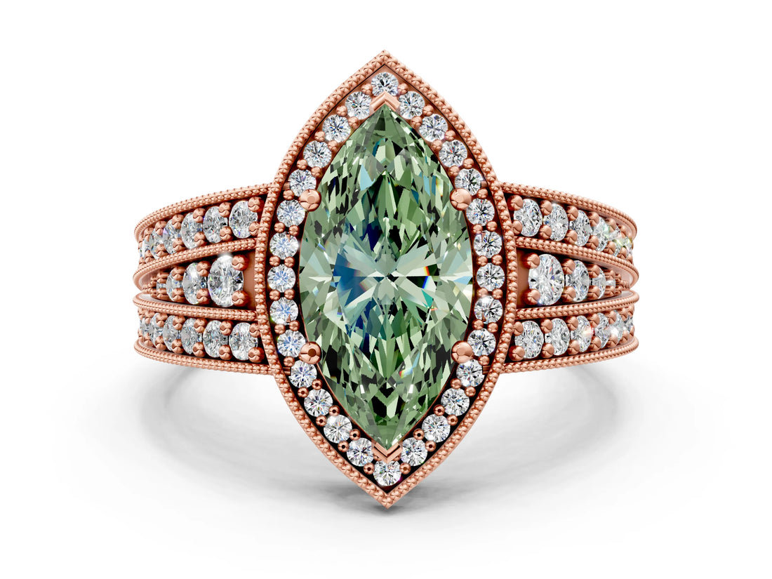 Rose gold Fancy Green Marquise Cut Halo Diamond Split Shank Ring with Prong Setting