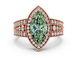Rose gold Fancy Green Marquise Cut Halo Diamond Split Shank Ring with Prong Setting