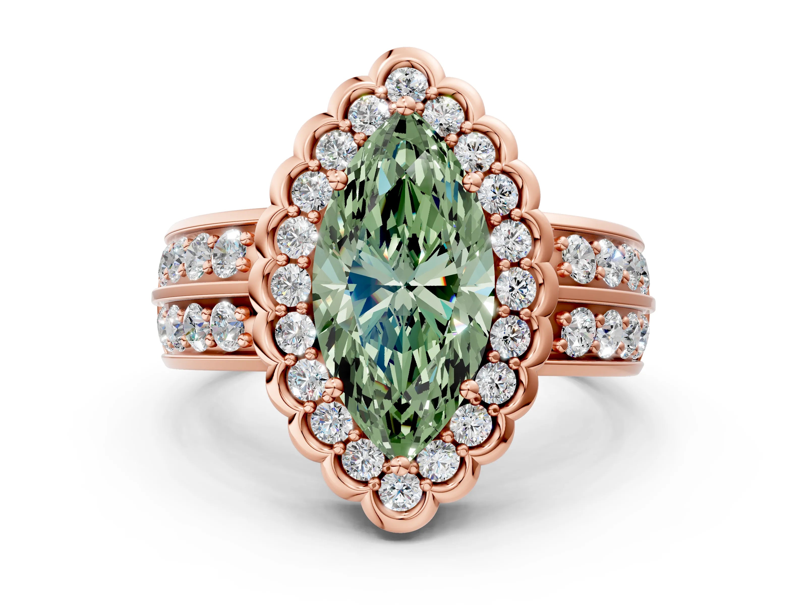 Rose gold Fancy Green Marquise Cut Halo Diamond Split Shank Ring with Scalloped Prong Setting