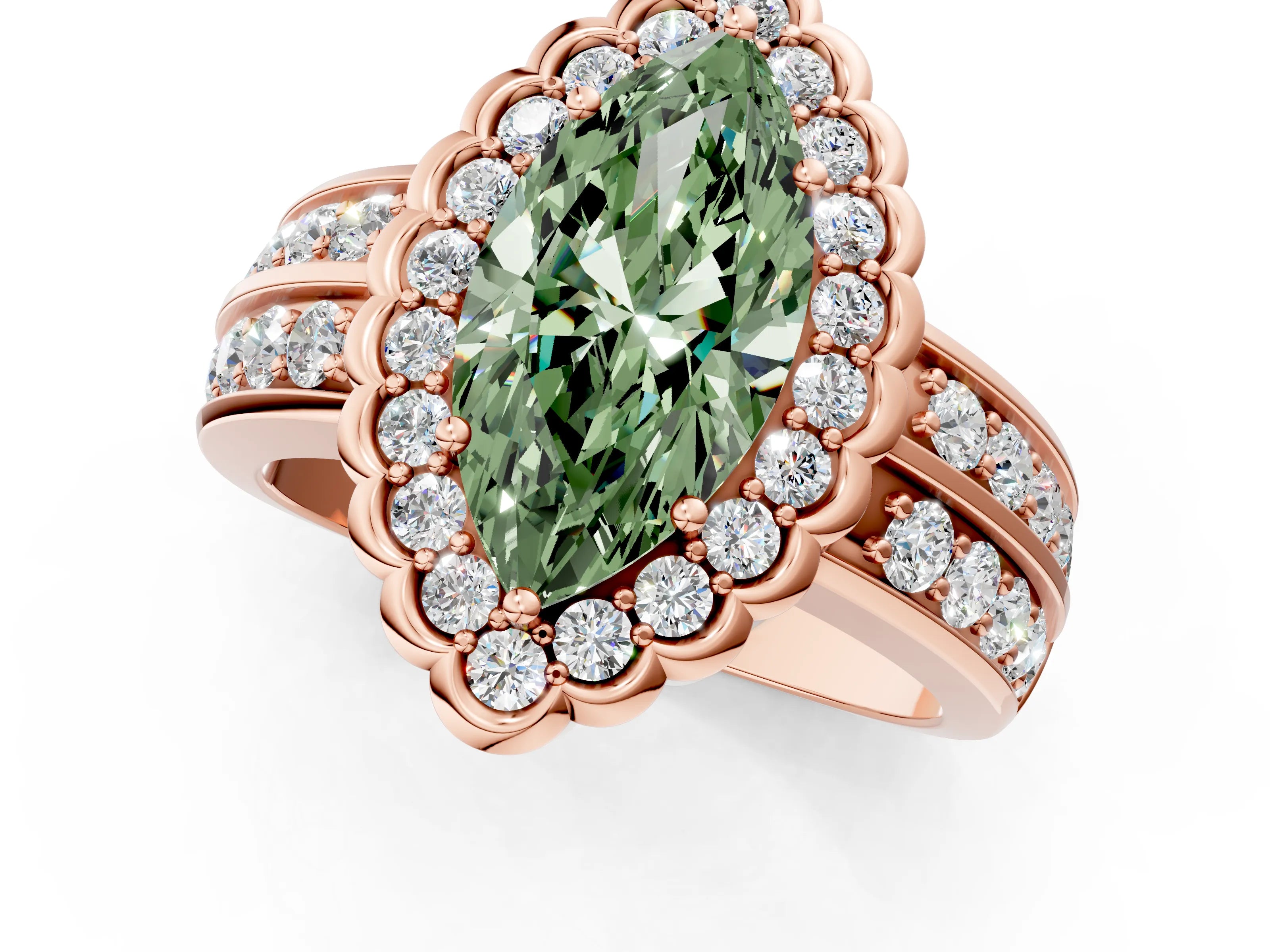 Rose gold Fancy Green Marquise Cut Halo Diamond Split Shank Ring with Scalloped Prong Setting_1