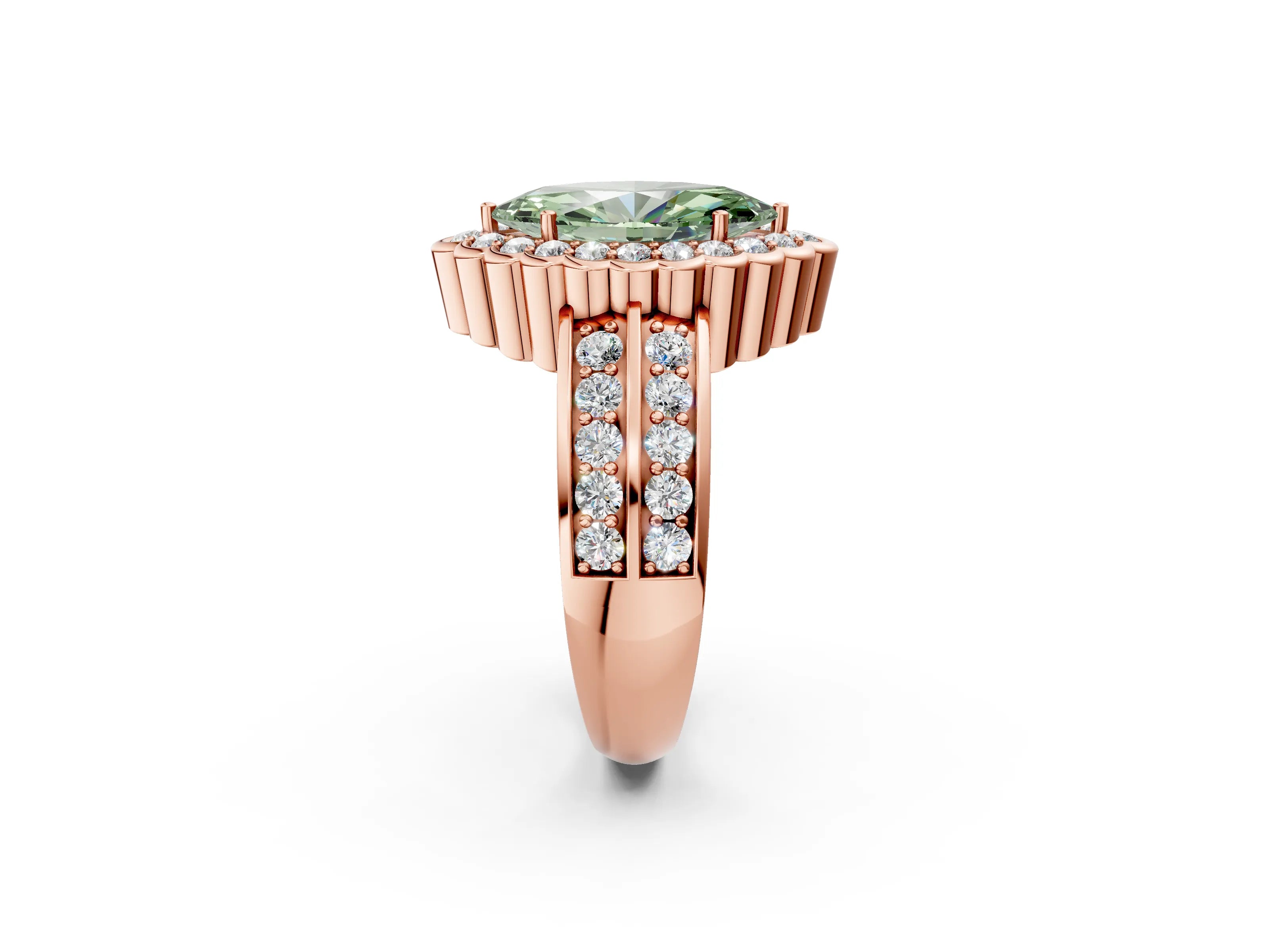 Rose gold Fancy Green Marquise Cut Halo Diamond Split Shank Ring with Scalloped Prong Setting_2