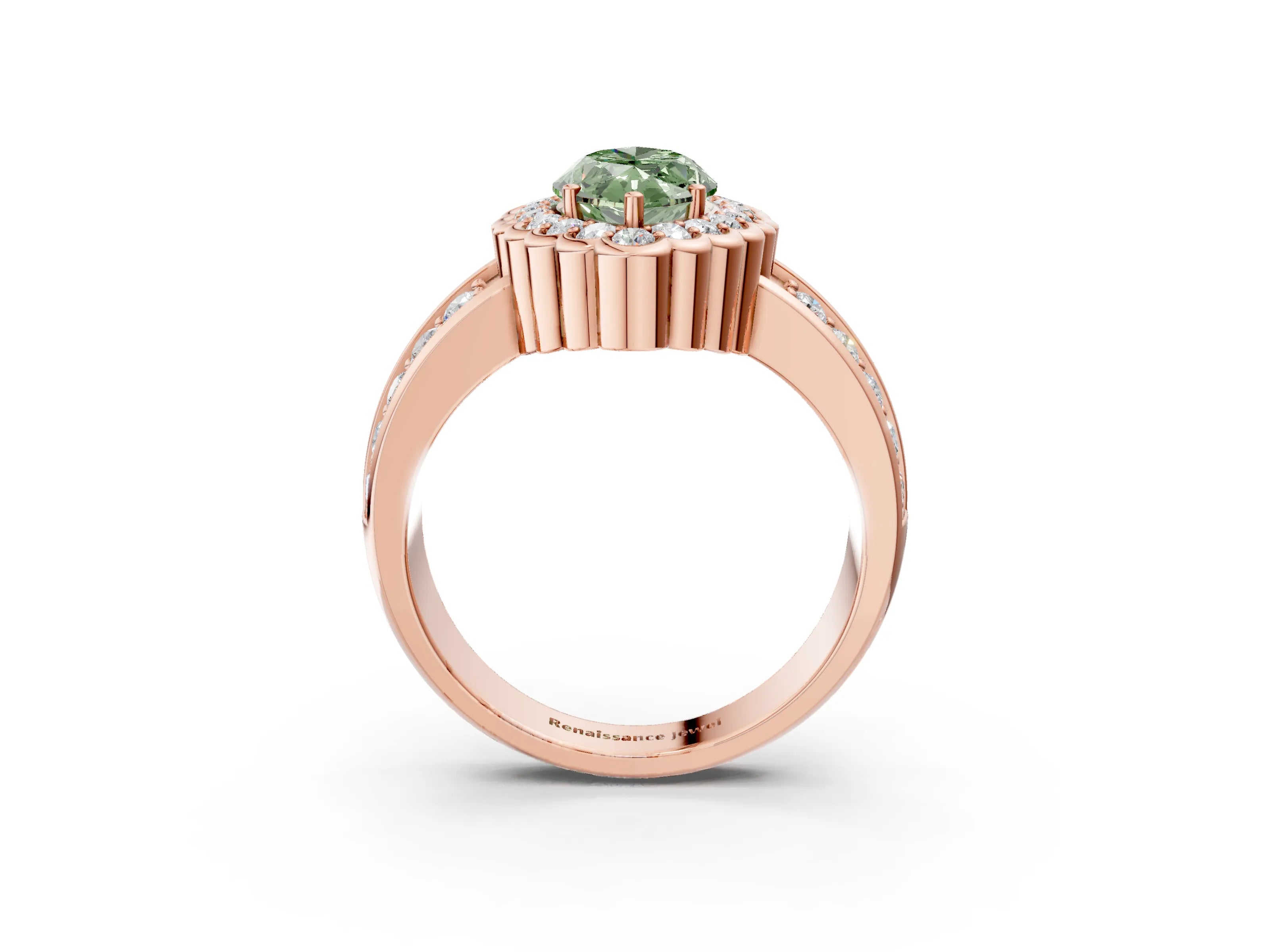 Rose gold Fancy Green Marquise Cut Halo Diamond Split Shank Ring with Scalloped Prong Setting_3