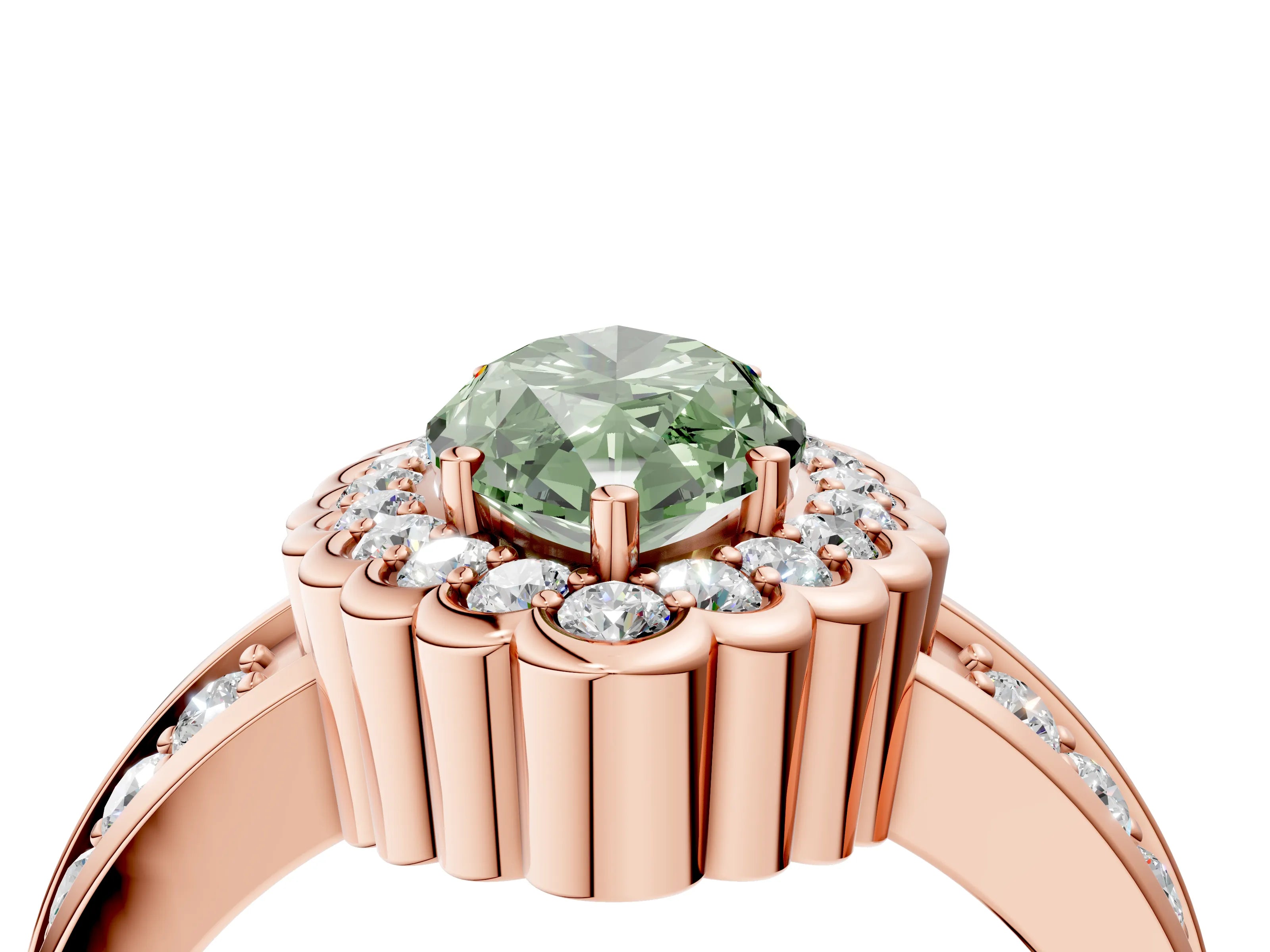 Rose gold Fancy Green Marquise Cut Halo Diamond Split Shank Ring with Scalloped Prong Setting_4