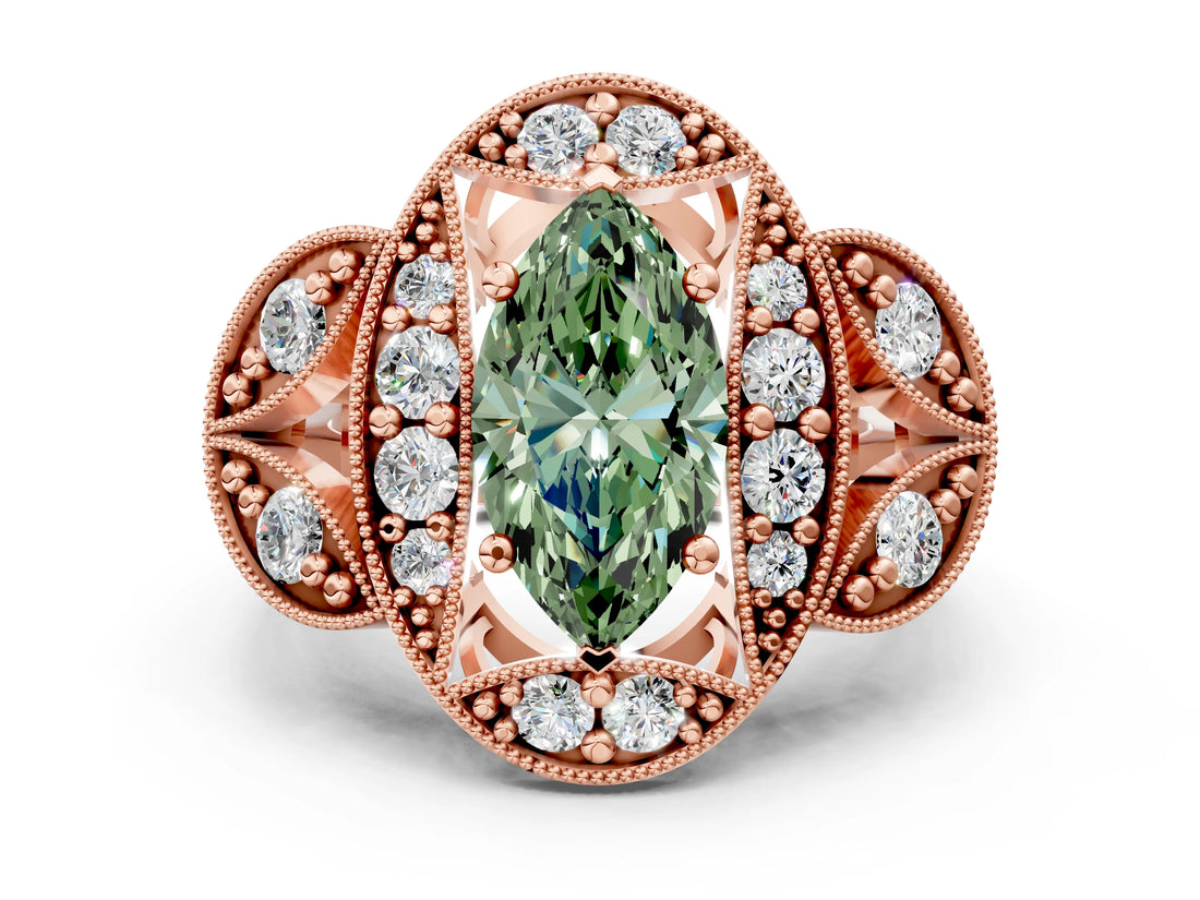 Rose gold Fancy Green Marquise Cut Halo Milgrain Diamond Engagement Ring with Leaf Band and Four-Prong Setting