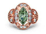 Rose gold Fancy Green Marquise Cut Halo Milgrain Diamond Engagement Ring with Leaf Band and Four-Prong Setting