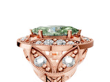 Rose gold Fancy Green Marquise Cut Halo Milgrain Diamond Engagement Ring with Leaf Band and Four-Prong Setting_5