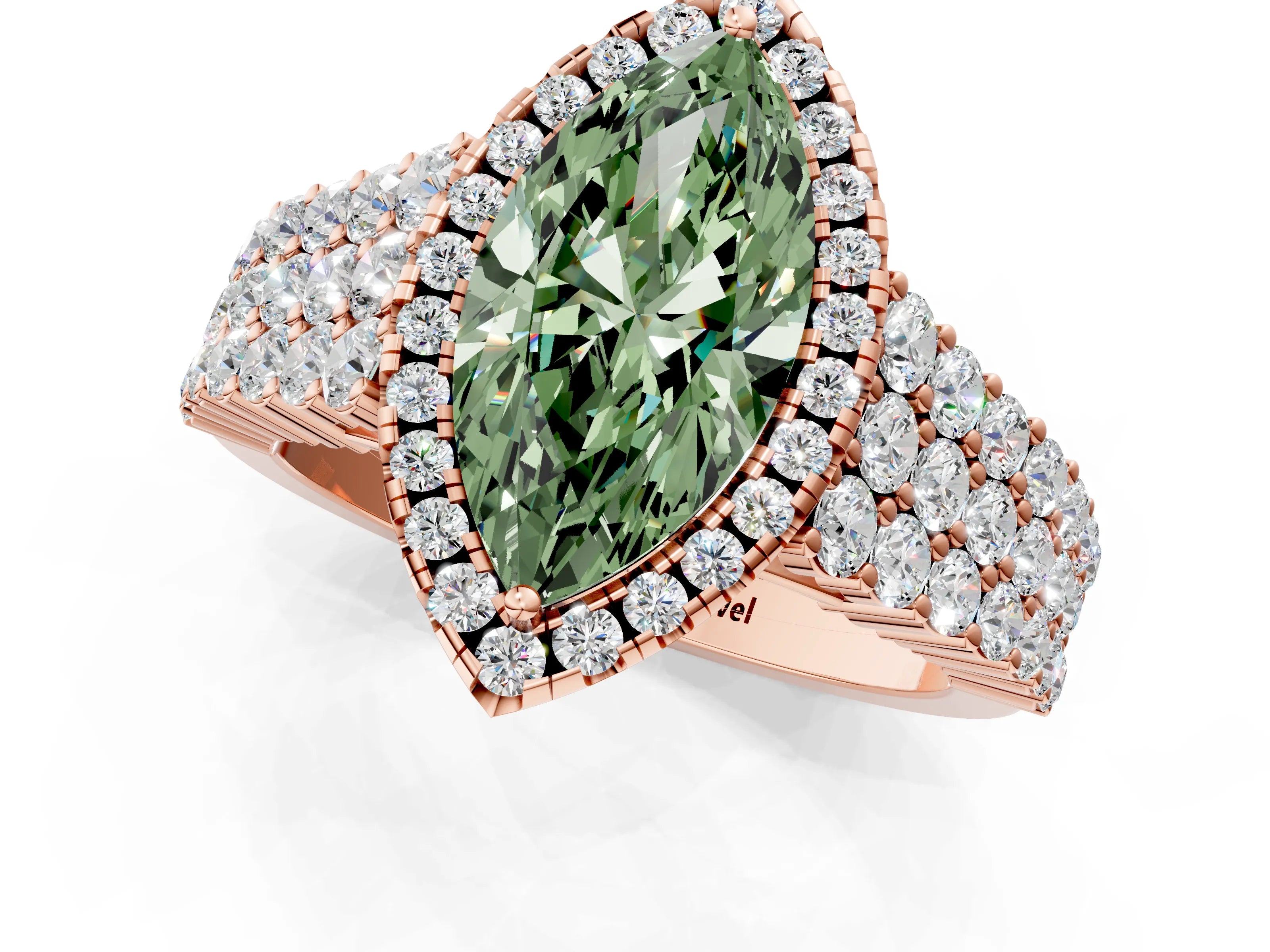 Rose gold Fancy Green Marquise Cut Halo Pavé Diamond Engagement Ring with Split Shank and Four-Prong Setting_4
