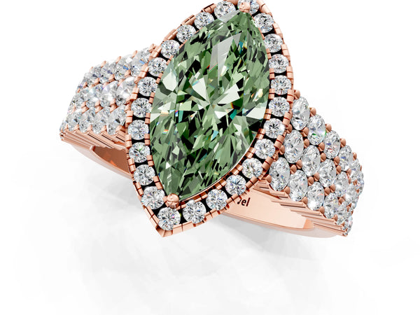 Rose gold Fancy Green Marquise Cut Halo Pavé Diamond Engagement Ring with Split Shank and Four-Prong Setting