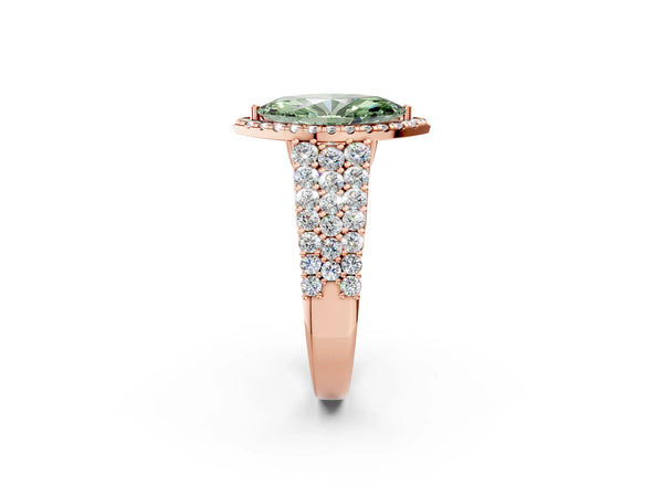 Rose gold Fancy Green Marquise Cut Halo Pavé Diamond Engagement Ring with Split Shank and Four-Prong Setting