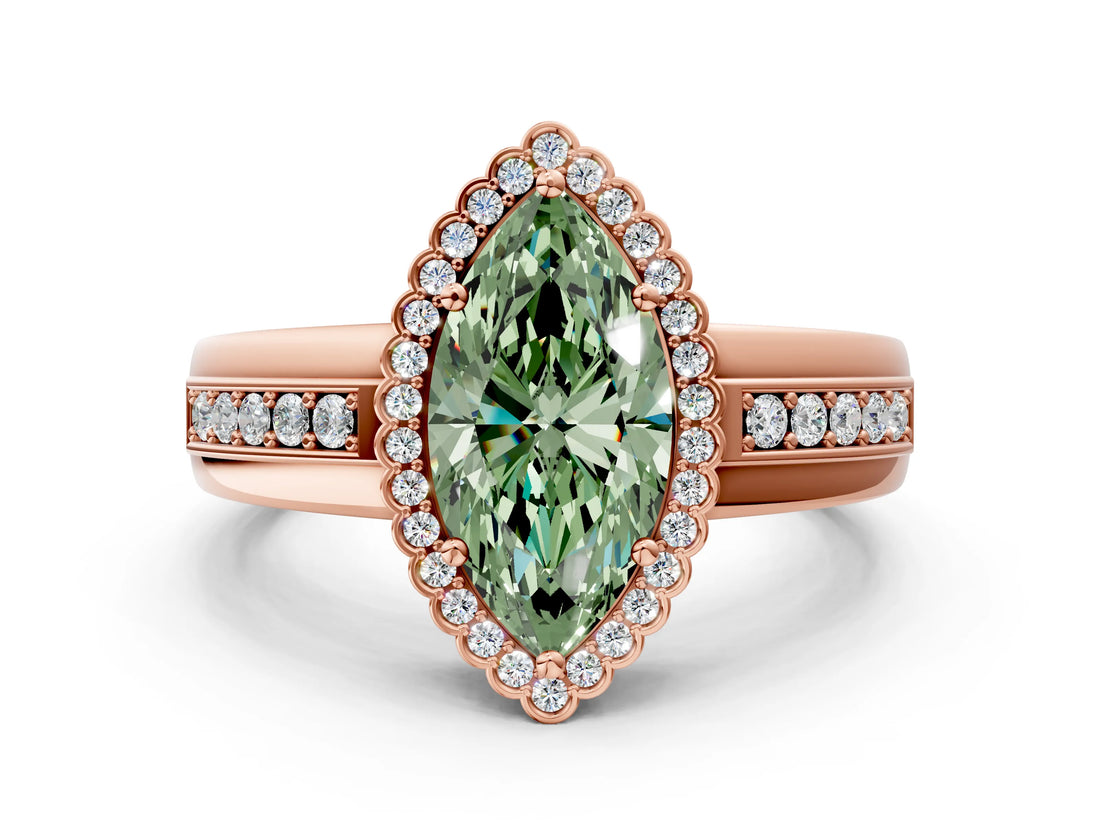 Rose gold Fancy Green Marquise  Cut Halo Pave Band Four-Prong Ring_49