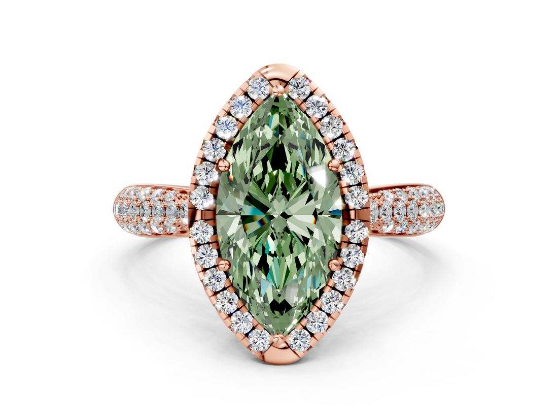 Rose gold Fancy Green Marquise  Cut Halo Pave Band Four-Prong Setting Ring_36