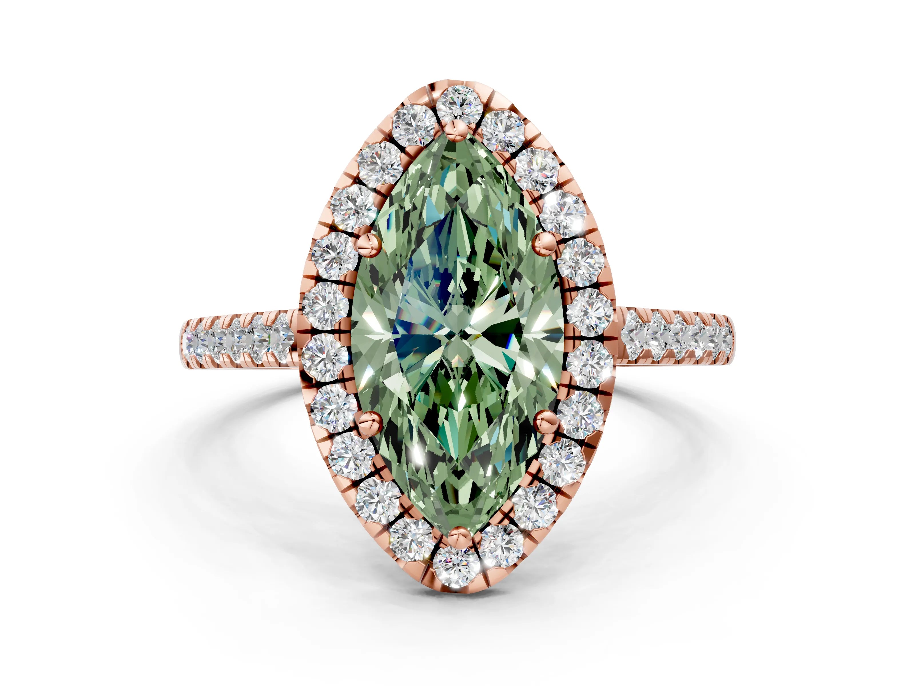 Rose gold Fancy Green Marquise Cut Halo Pave Diamond Engagement Ring with Four-Prong Setting
