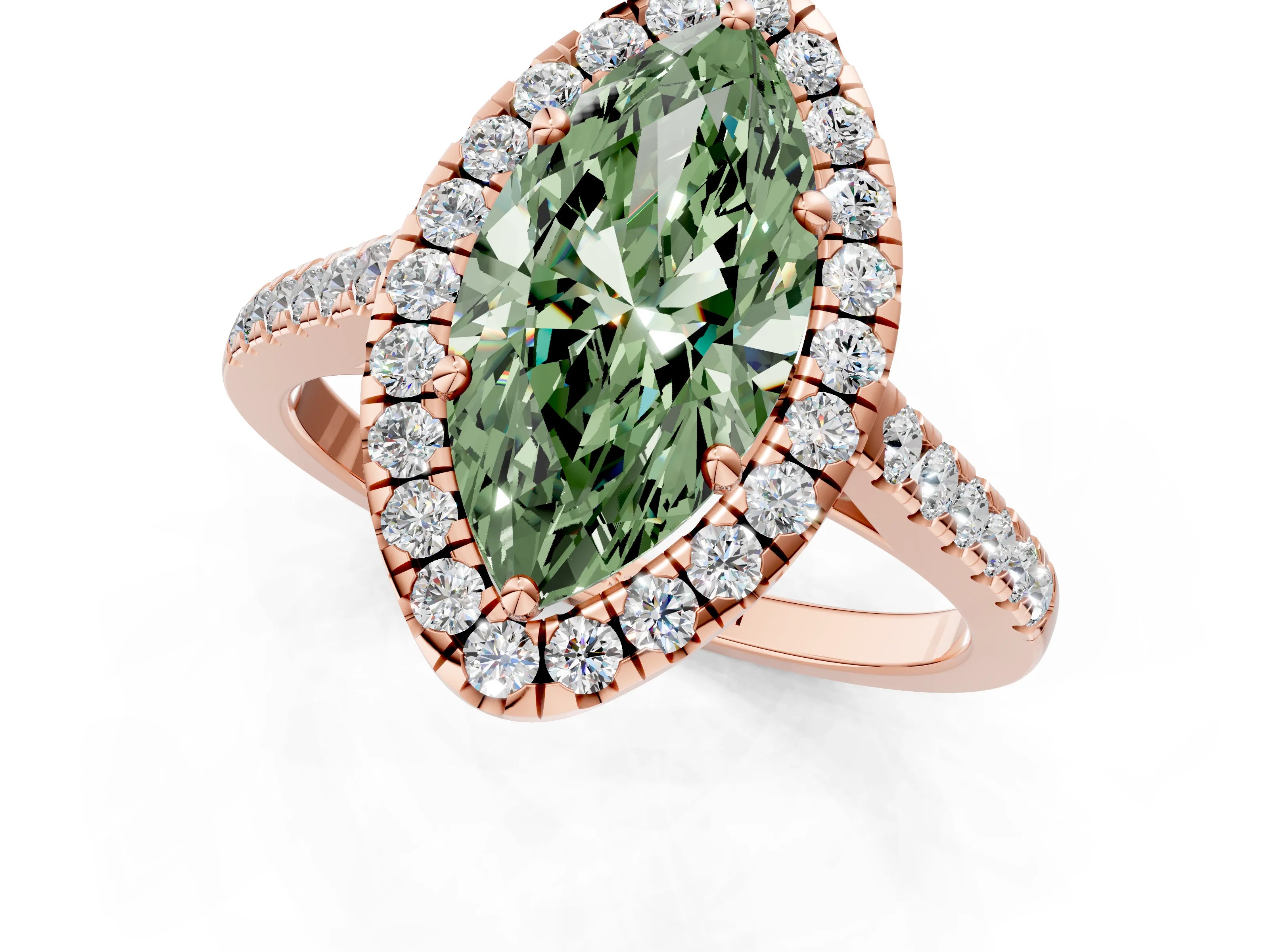Rose gold Fancy Green Marquise Cut Halo Pave Diamond Engagement Ring with Four-Prong Setting_1