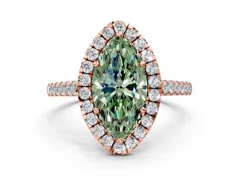 Rose gold Fancy Green Marquise Cut Halo Pave Diamond Engagement Ring with Four-Prong Setting