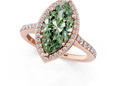 Rose gold Fancy Green Marquise Cut Halo Round Diamond Pavé Band with Four-Prong Setting_4