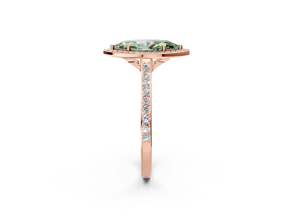 Rose gold Fancy Green Marquise Cut Halo Round Diamond Pavé Band with Four-Prong Setting