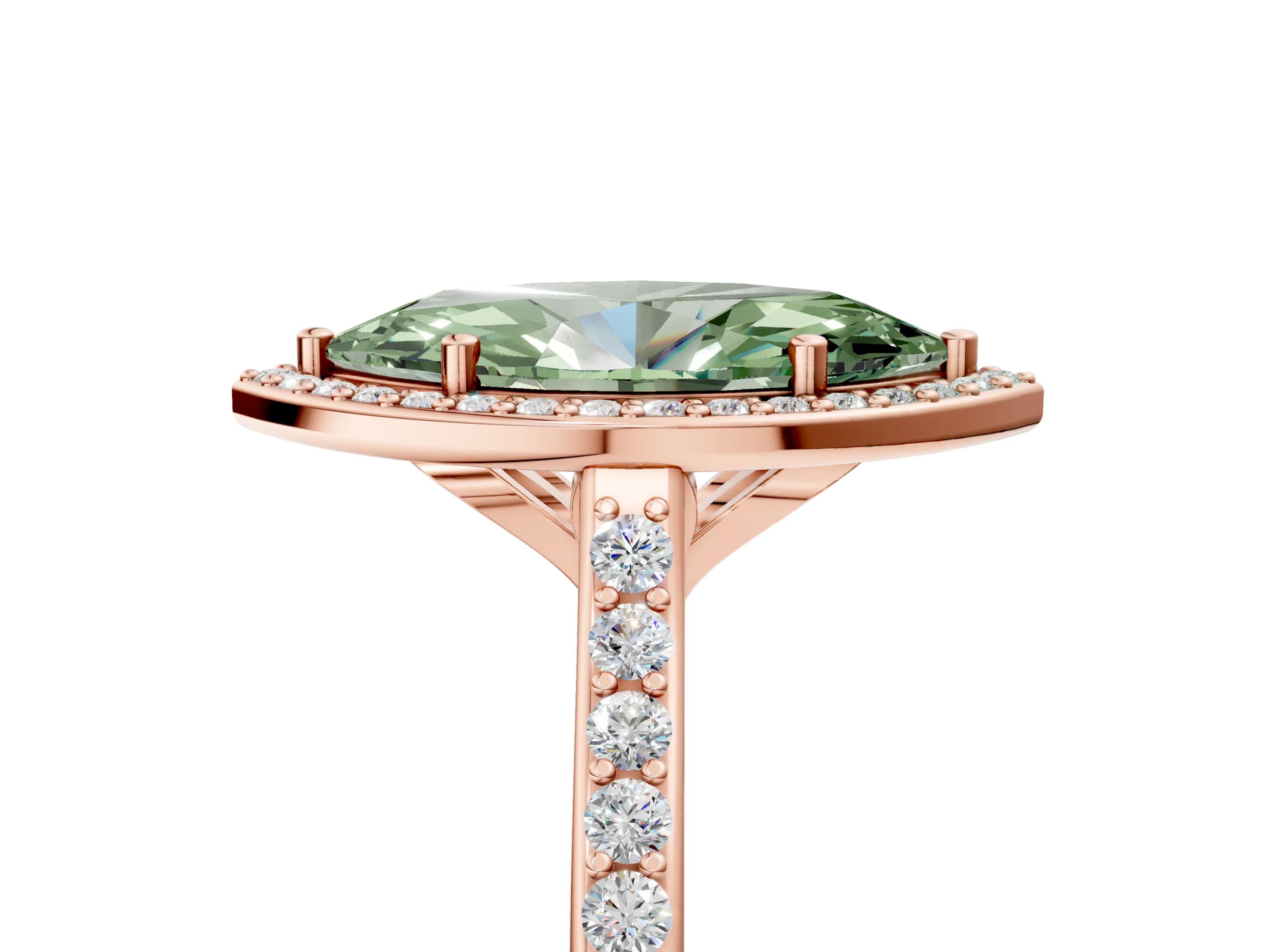 Rose gold Fancy Green Marquise Cut Halo Round Diamond Pavé Band with Four-Prong Setting_8