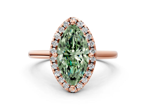 Rose gold Fancy Green Marquise Cut Halo Round Diamond Solitaire Engagement Ring with Pave Band and Four-Prong Setting_12
