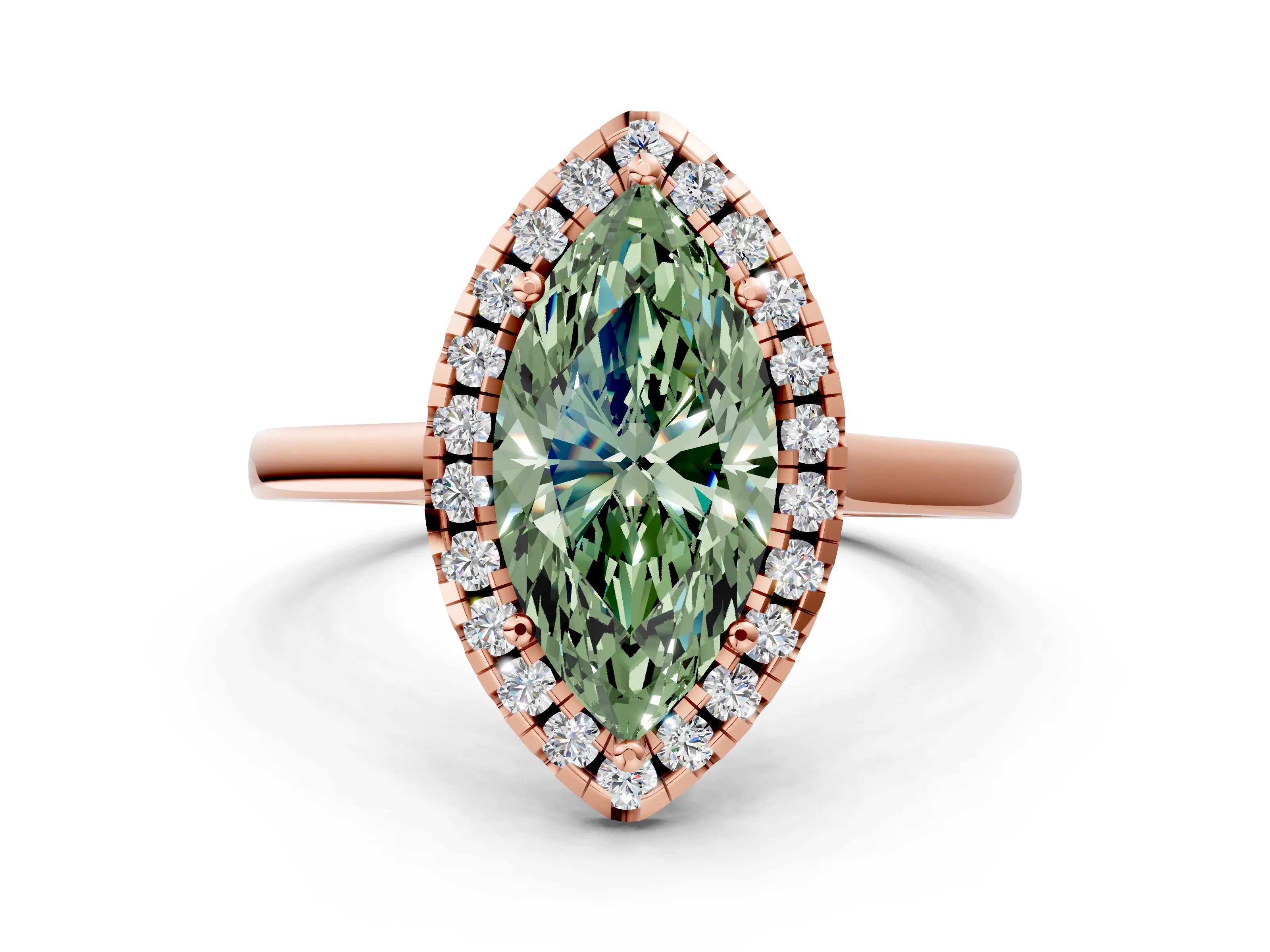 Rose gold Fancy Green Marquise Cut Halo Round Diamond Solitaire Ring with Pavé Band and Four-Prong Setting
