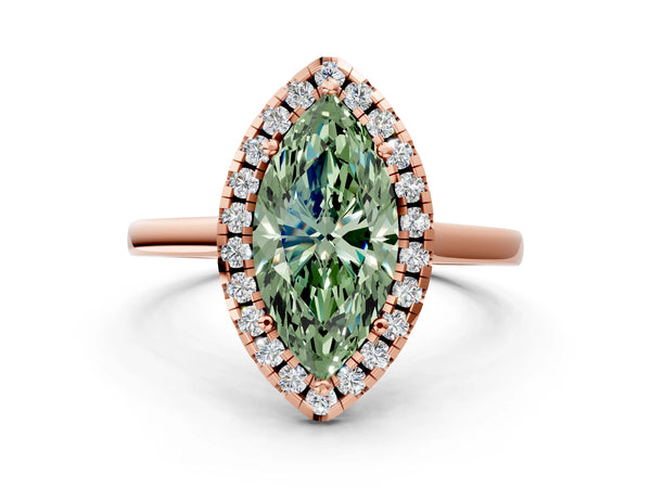 Rose gold Fancy Green Marquise Cut Halo Round Diamond Solitaire Ring with Pavé Band and Four-Prong Setting