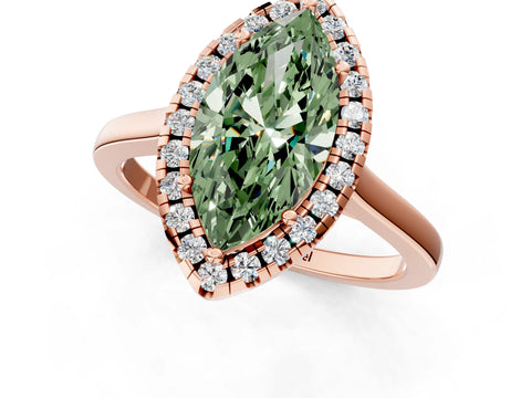Rose gold Fancy Green Marquise Cut Halo Round Diamond Solitaire Ring with Pavé Band and Four-Prong Setting_1