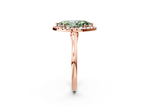 Rose gold Fancy Green Marquise Cut Halo Round Diamond Solitaire Ring with Pavé Band and Four-Prong Setting_2