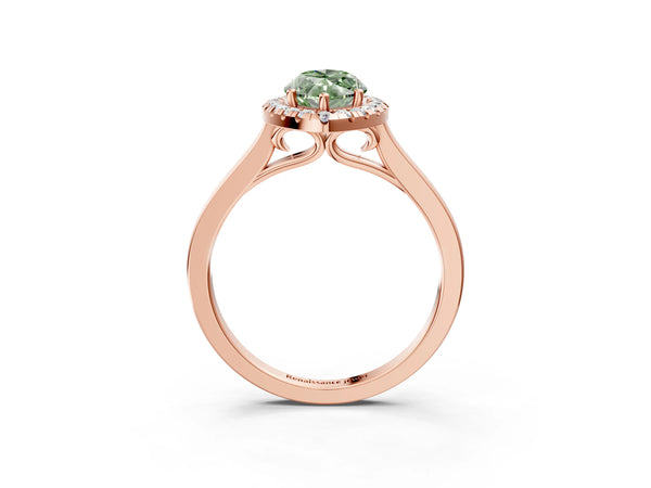 Rose gold Fancy Green Marquise Cut Halo Round Diamond Solitaire Ring with Pavé Band and Four-Prong Setting