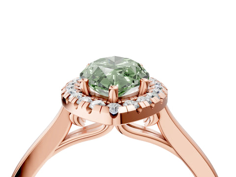Rose gold Fancy Green Marquise Cut Halo Round Diamond Solitaire Ring with Pavé Band and Four-Prong Setting_4