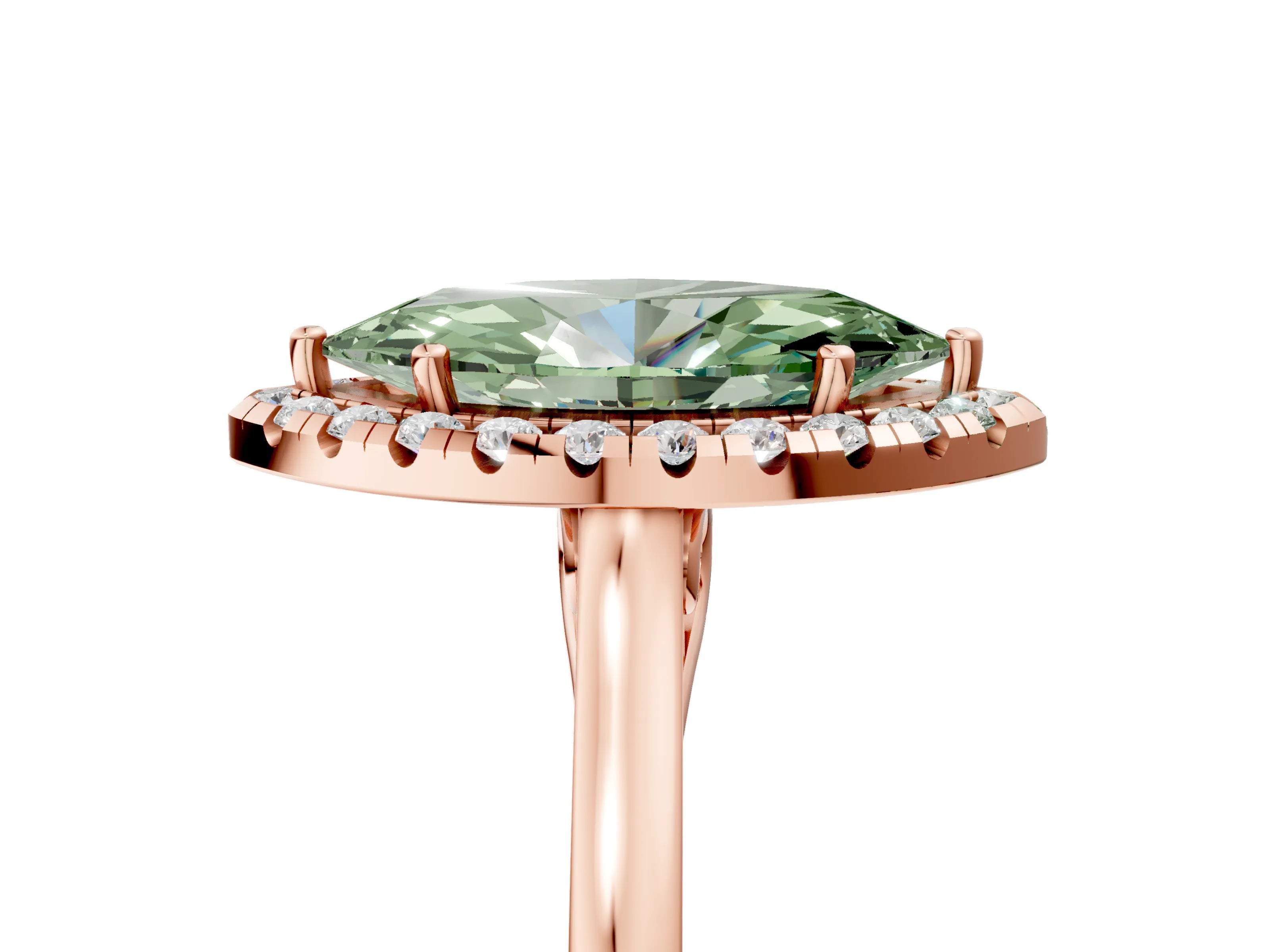 Rose gold Fancy Green Marquise Cut Halo Round Diamond Solitaire Ring with Pavé Band and Four-Prong Setting_5