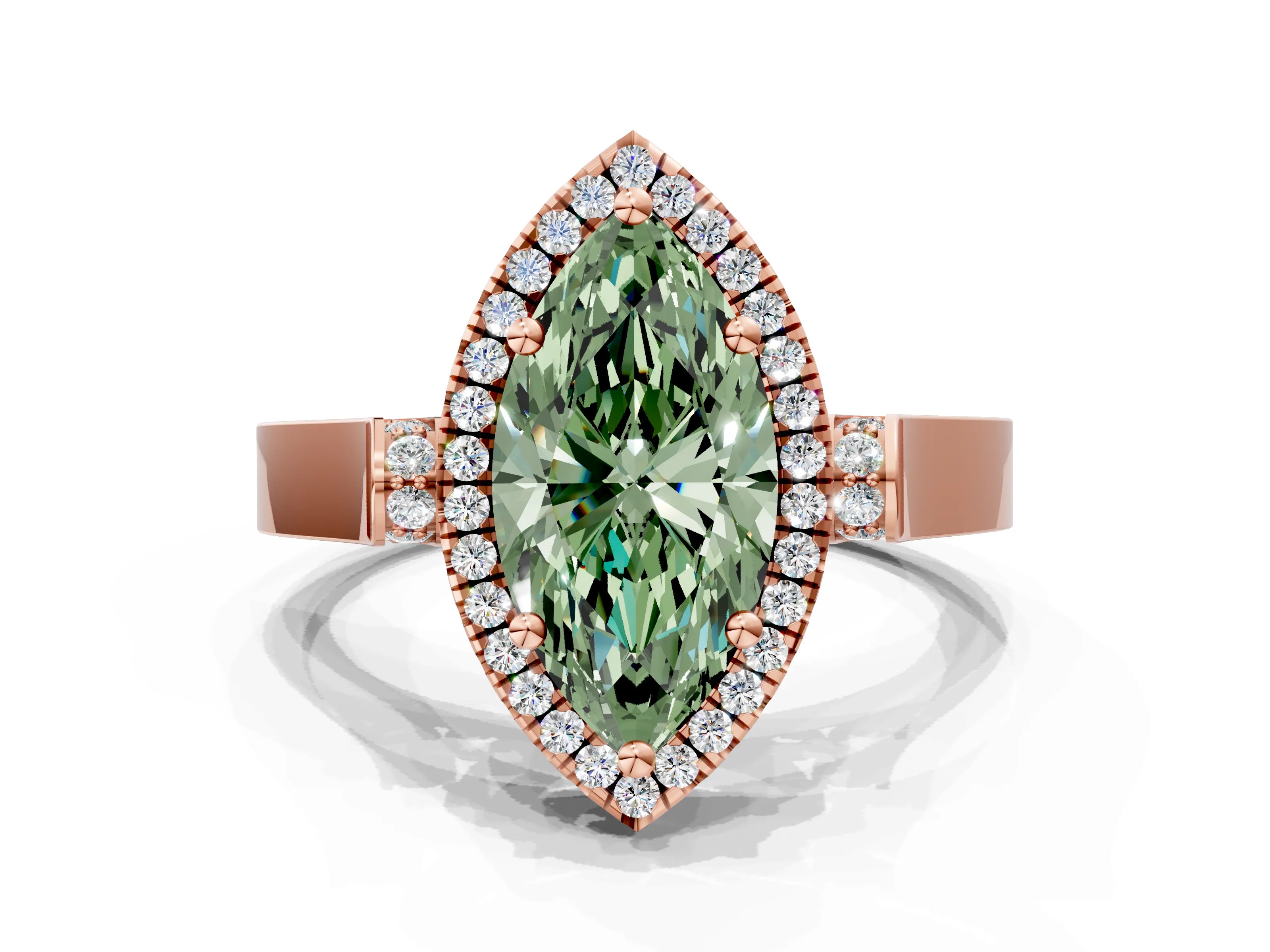 Rose gold Fancy Green Marquise Cut Halo Round Diamond Twist Band with Four-Prong Setting