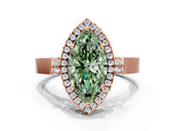 Rose gold Fancy Green Marquise Cut Halo Round Diamond Twist Band with Four-Prong Setting