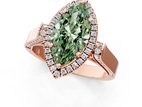 Rose gold Fancy Green Marquise Cut Halo Round Diamond Twist Band with Four-Prong Setting_1