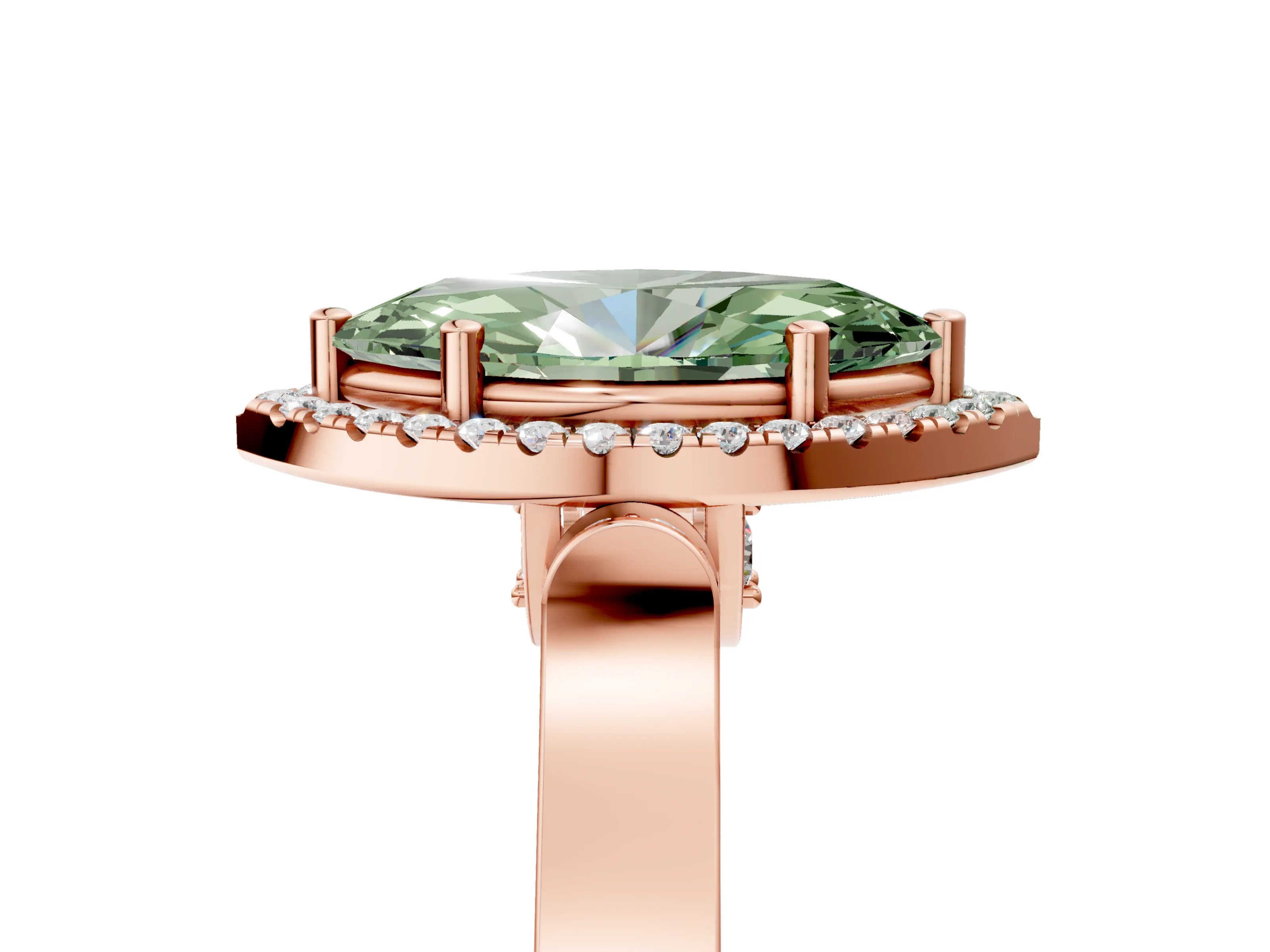 Rose gold Fancy Green Marquise Cut Halo Round Diamond Twist Band with Four-Prong Setting_5