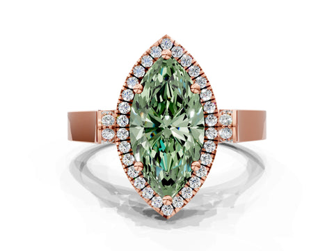 Rose gold Fancy Green Marquise Cut Halo Round Diamond Twist Band with Four-Prong Setting