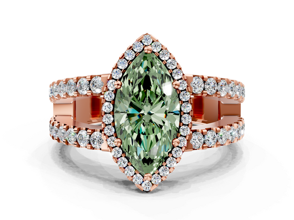 Rose gold Fancy Green Marquise  Cut Halo Split Shank Diamond Ring with Four-Prong Setting