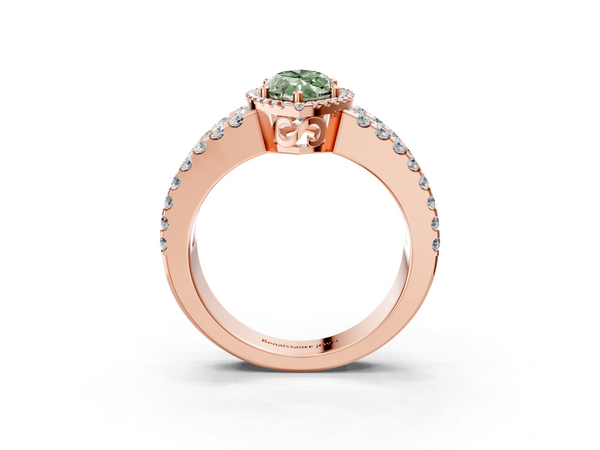 Rose gold Fancy Green Marquise  Cut Halo Split Shank Diamond Ring with Four-Prong Setting