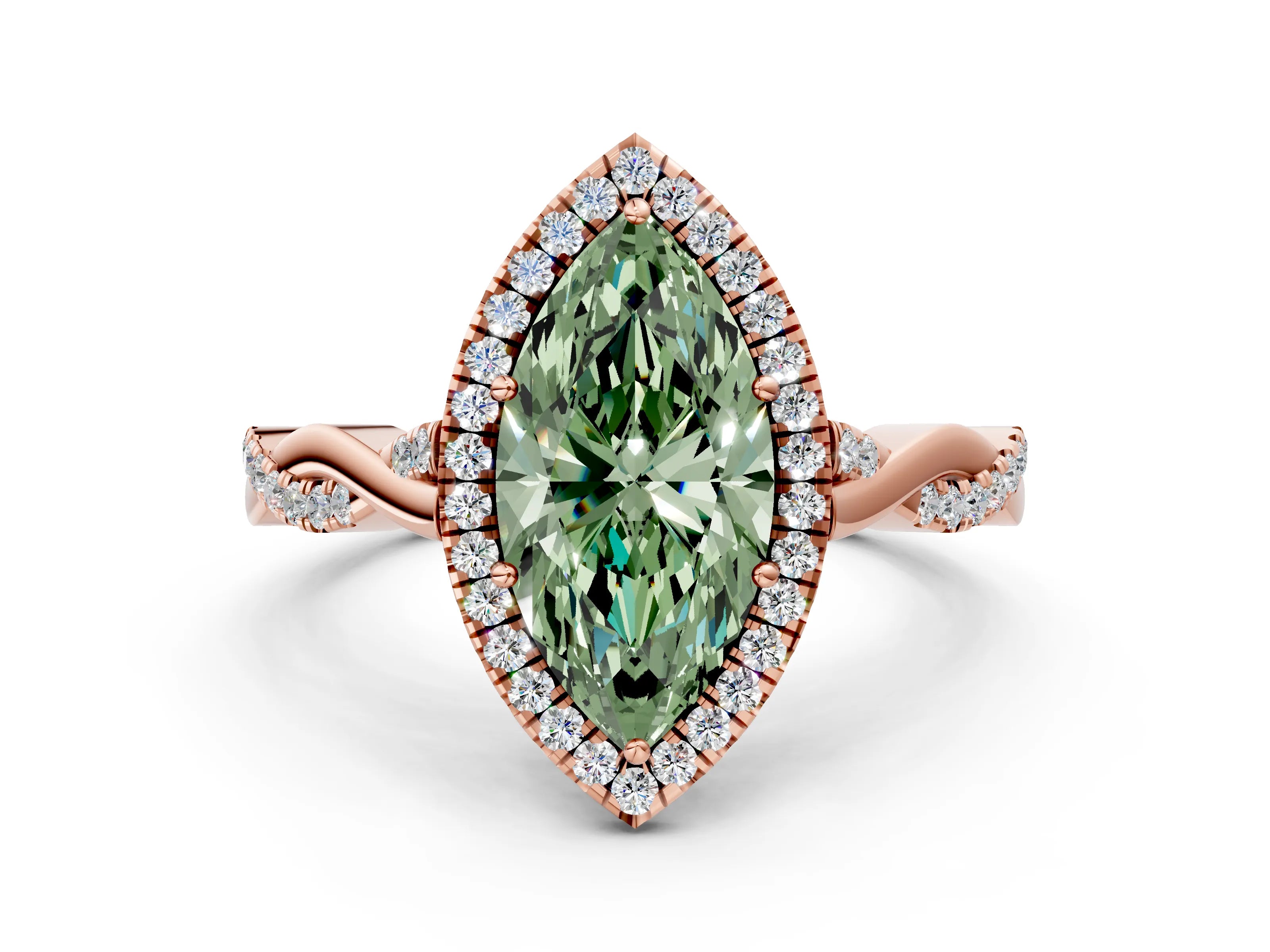Rose gold Fancy Green Marquise Cut Halo Twist Band with Four-Prong Setting