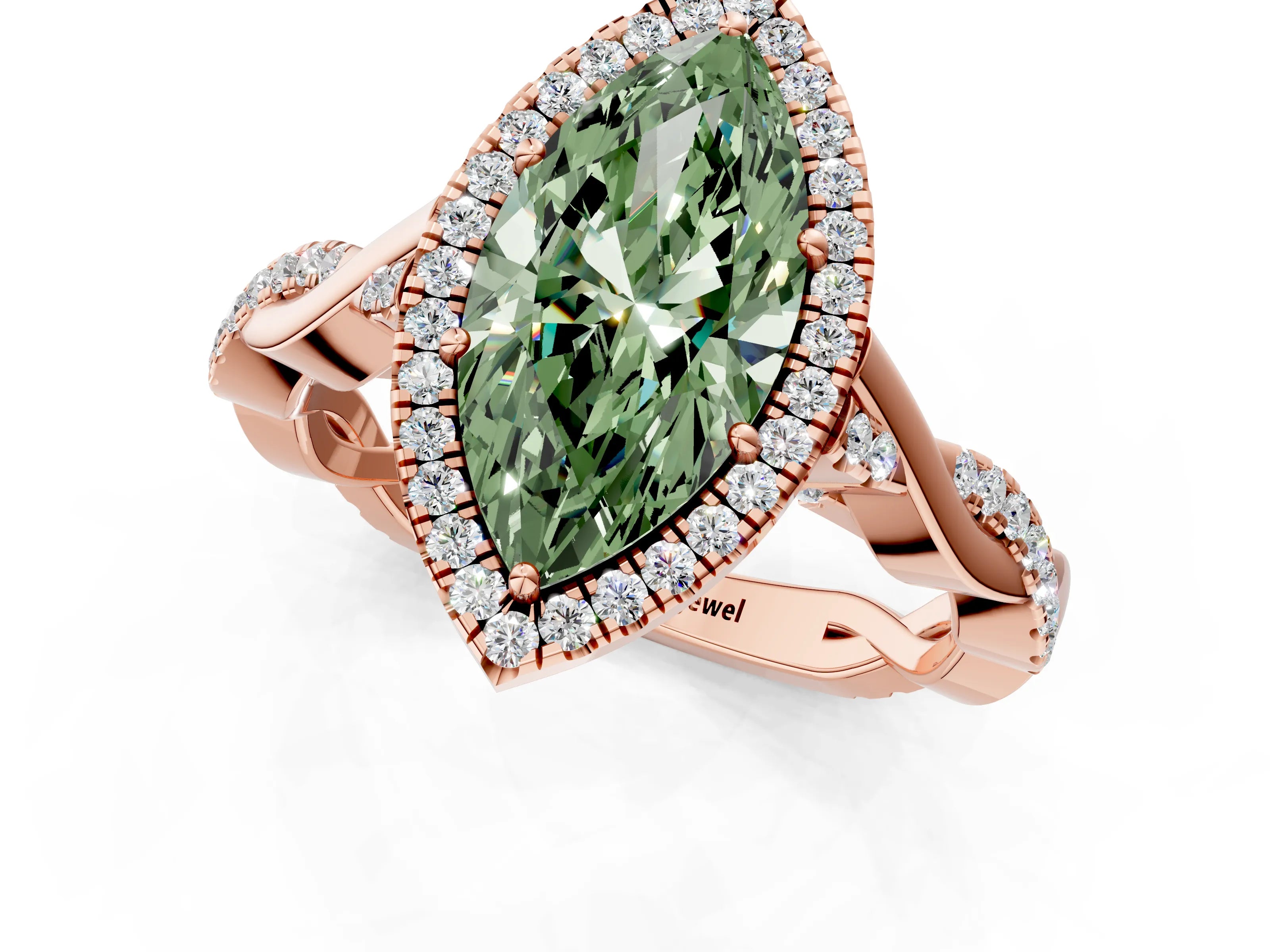 Rose gold Fancy Green Marquise Cut Halo Twist Band with Four-Prong Setting_1