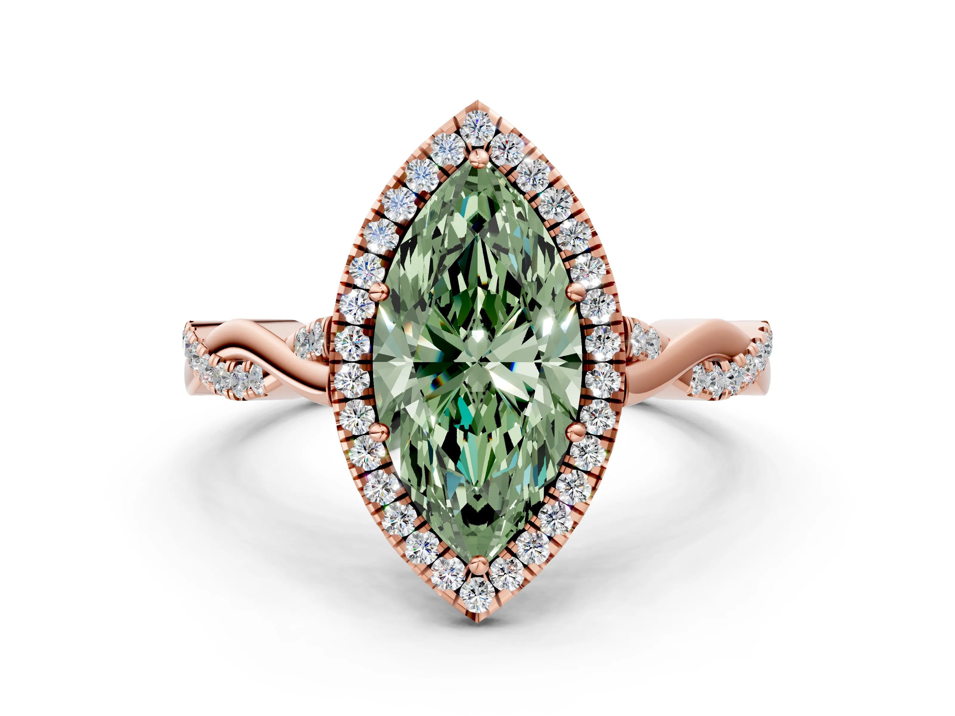 Rose gold Fancy Green Marquise Cut Halo Twist Band with Four-Prong Setting_12
