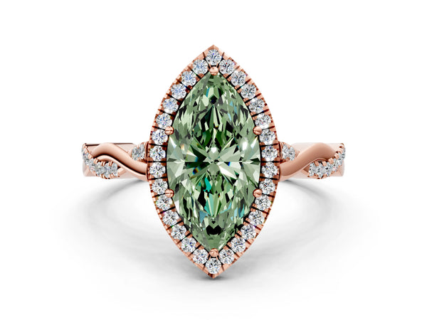 Rose gold Fancy Green Marquise Cut Halo Twist Band with Four-Prong Setting