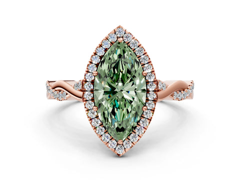 Rose gold Fancy Green Marquise Cut Halo Twist Band with Four-Prong Setting