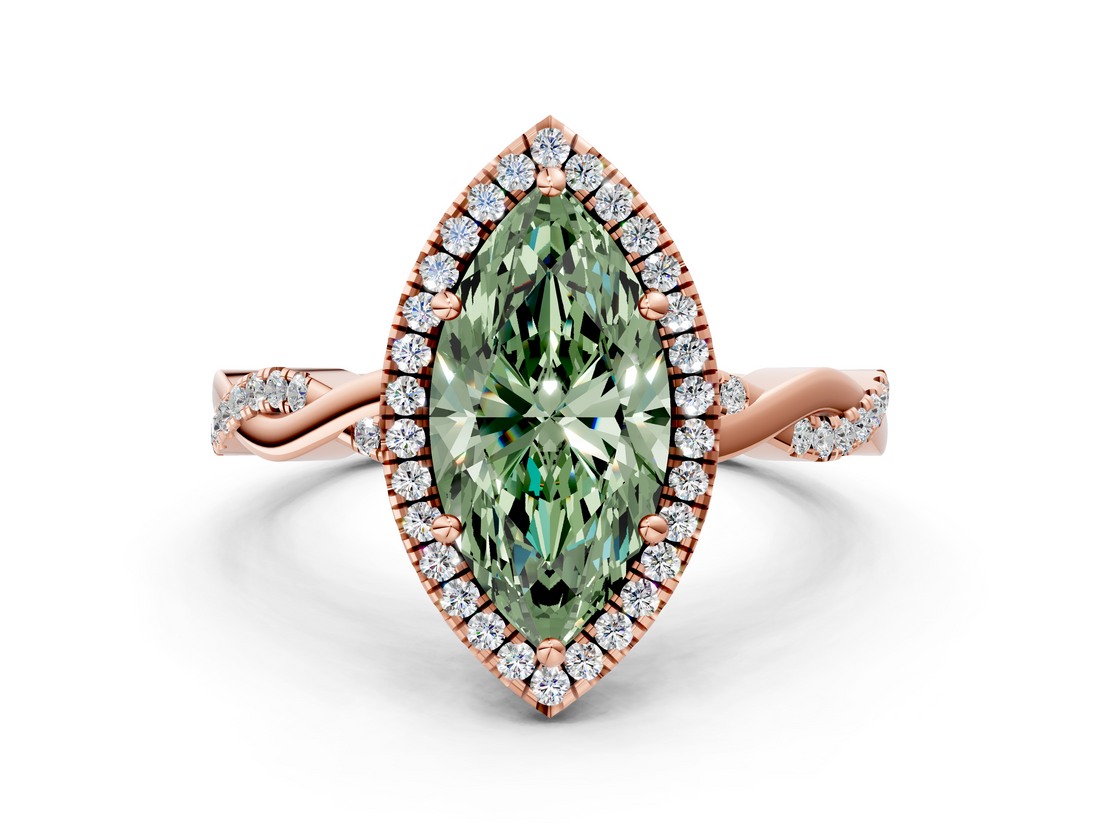 Rose gold Fancy Green Marquise  Cut Halo Twisted Band Four-Prong Ring_19