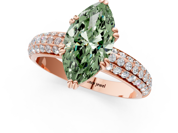 Rose gold Fancy Green Marquise  Cut Pave Diamond Engagement Ring with Channel Set Band and Four-Prong Setting
