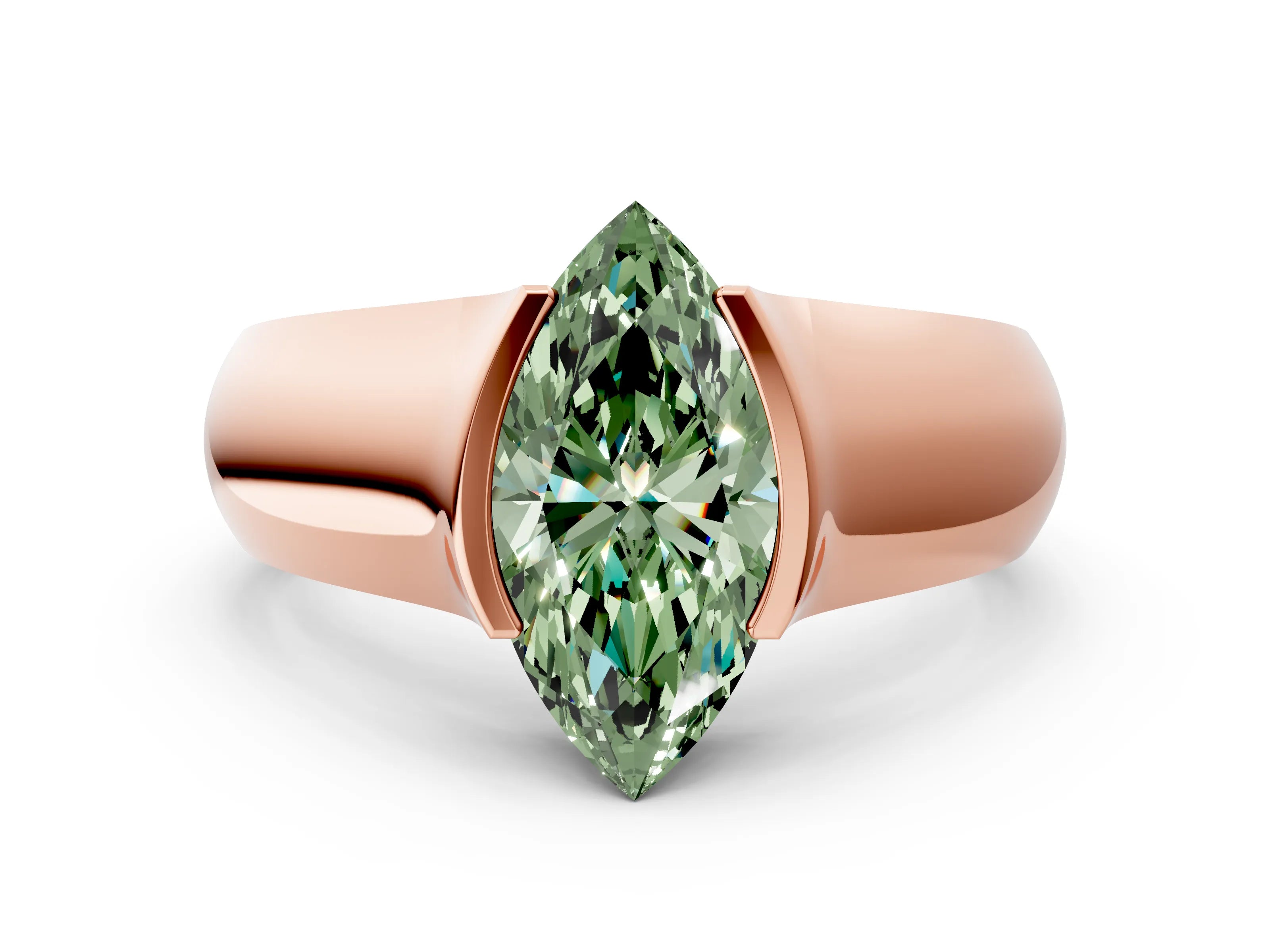 Rose gold Fancy Green Marquise Cut Solitaire Bezel Set Diamond Ring with Wide Band