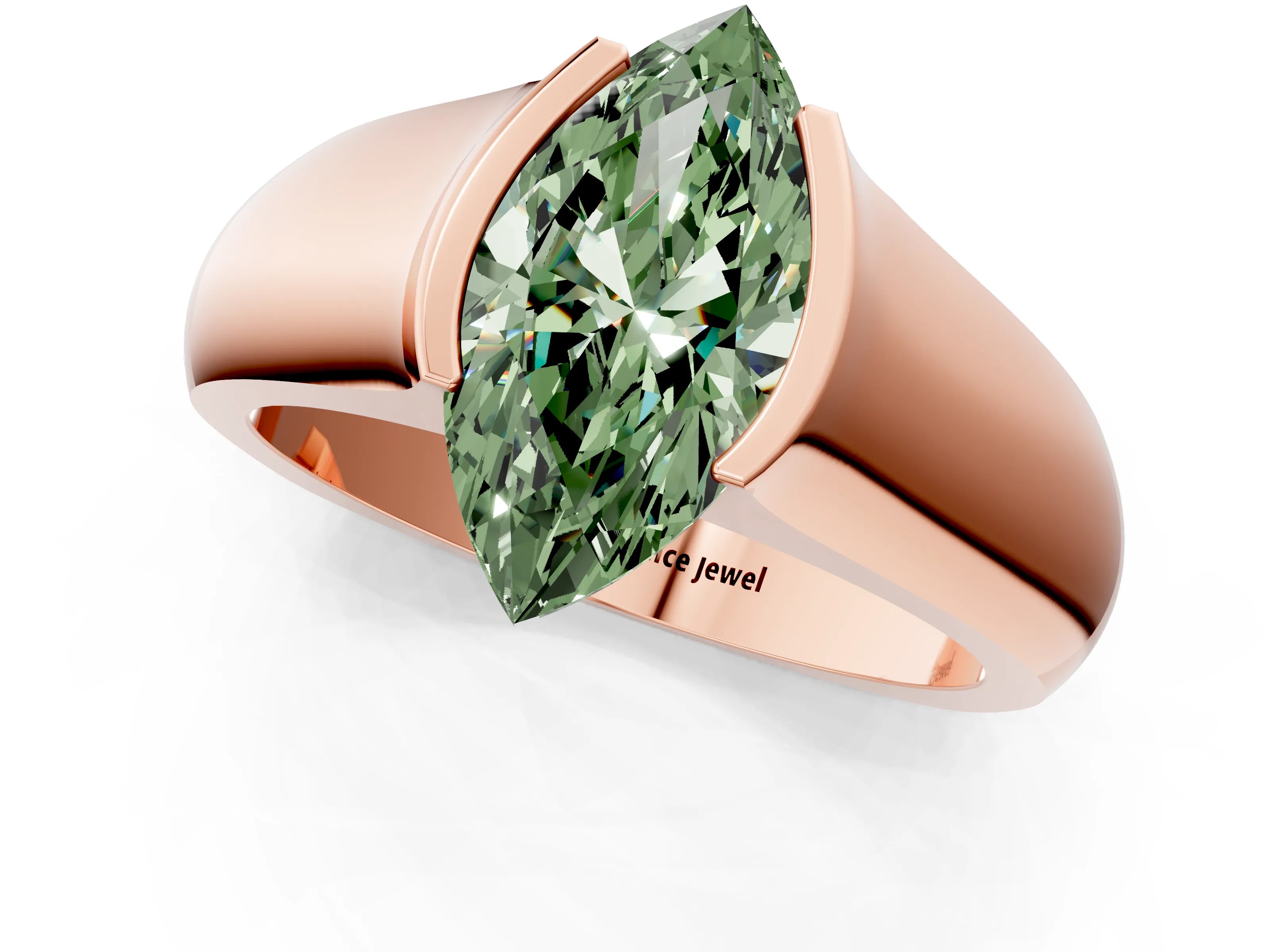Rose gold Fancy Green Marquise Cut Solitaire Bezel Set Diamond Ring with Wide Band_1