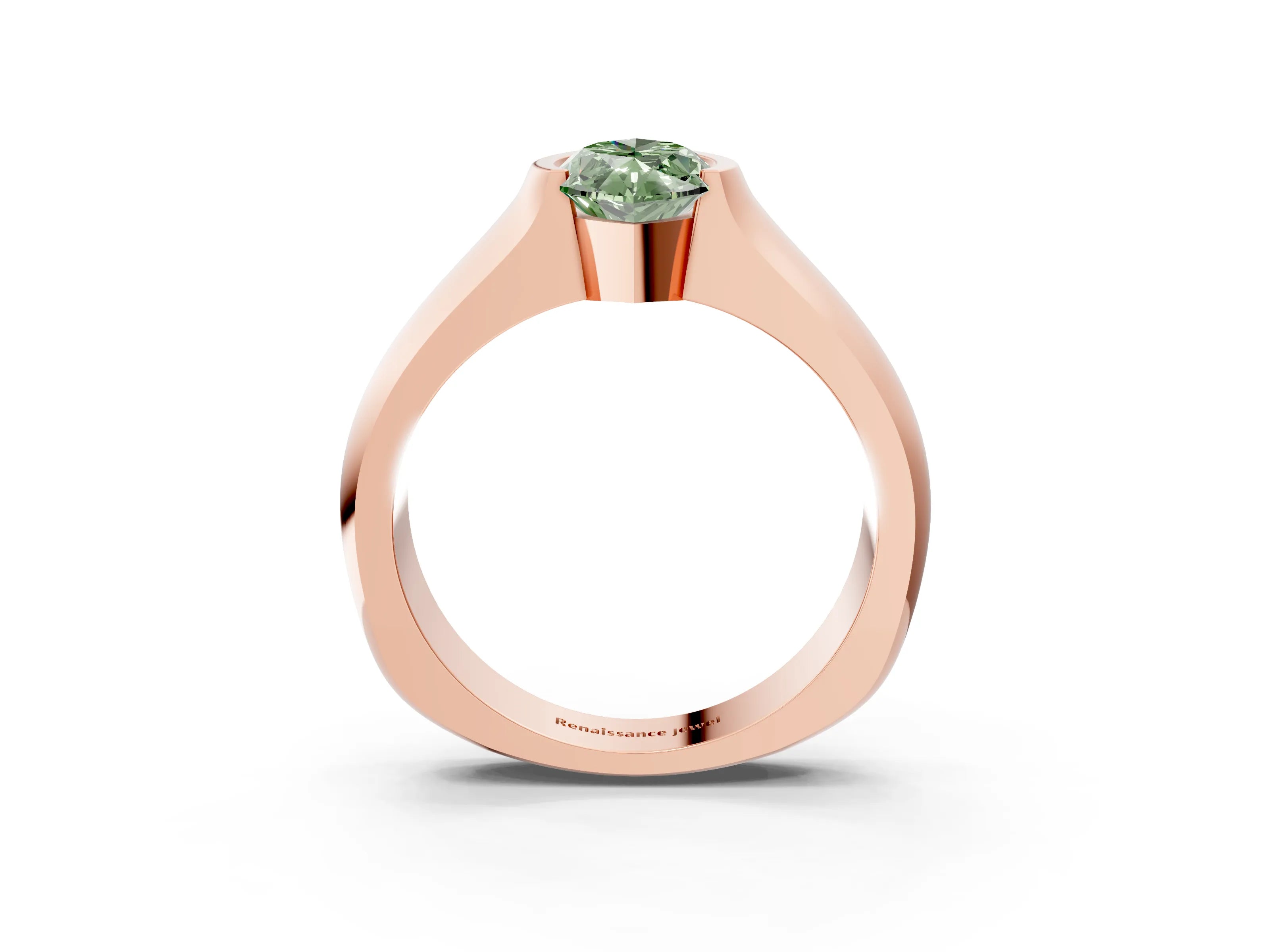 Rose gold Fancy Green Marquise Cut Solitaire Bezel Set Diamond Ring with Wide Band_3